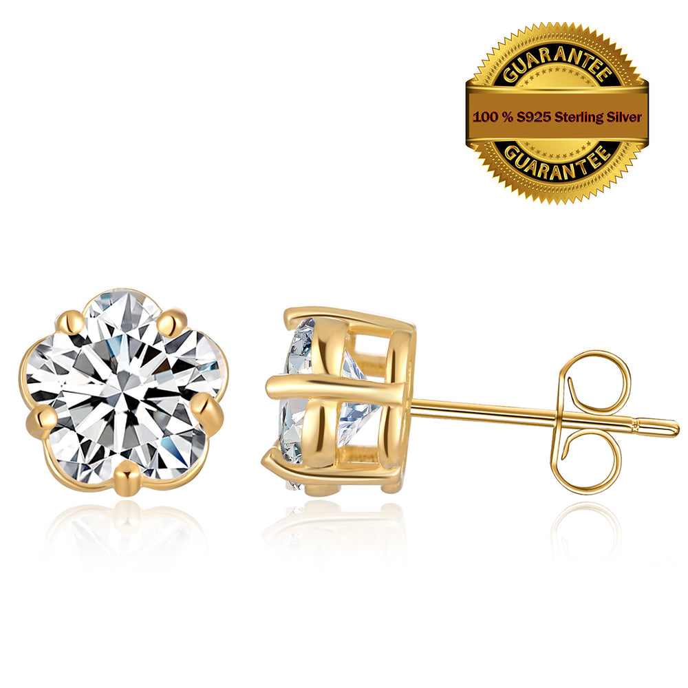 ML Gold Plated 925 Sterling Silver 5 Prong Plum Blossom Shape Cubic Zirconia Stud Earring Image 2
