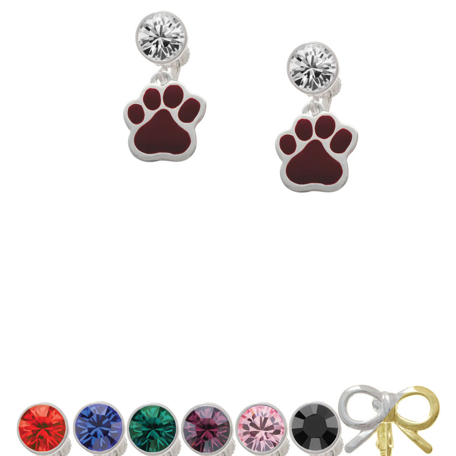 Large Maroon Paw Crystal Clip On Earrings Image 1