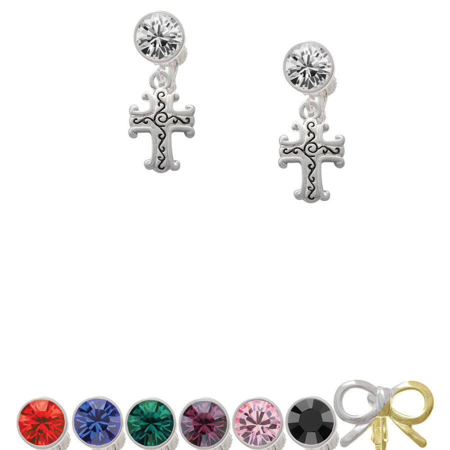 Scroll Cross with Antiqued Decoration Crystal Clip On Earrings Image 1