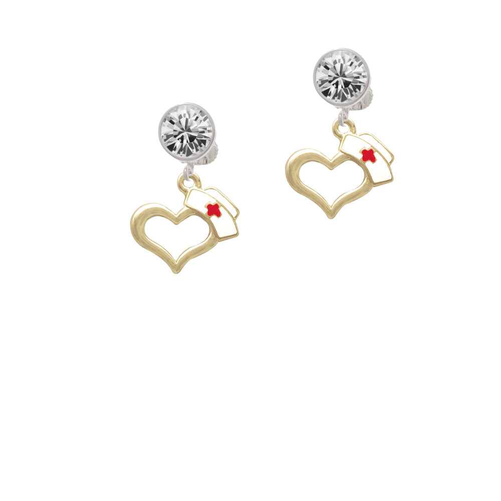 Gold Tone Open Heart with Nurse Hat Crystal Clip On Earrings Image 2