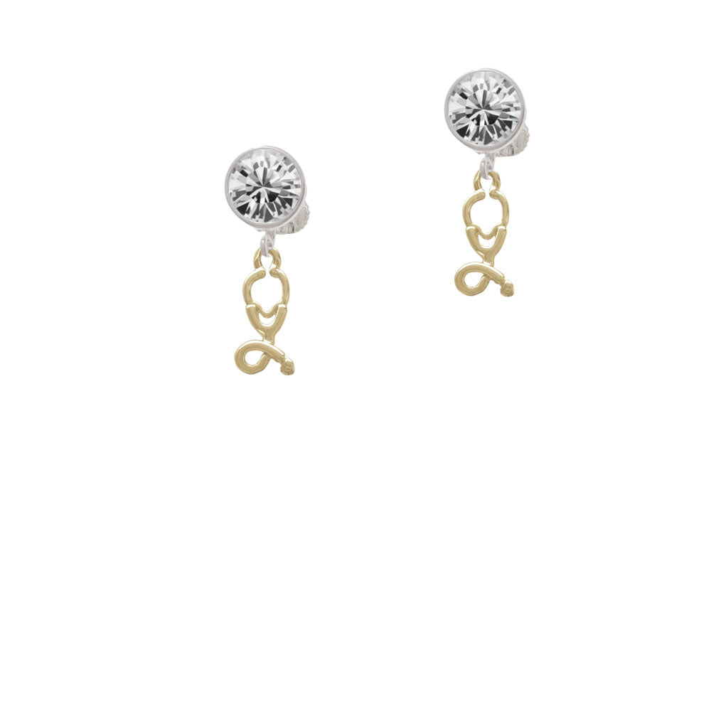 Gold Tone Stethoscope Crystal Clip On Earrings Image 2