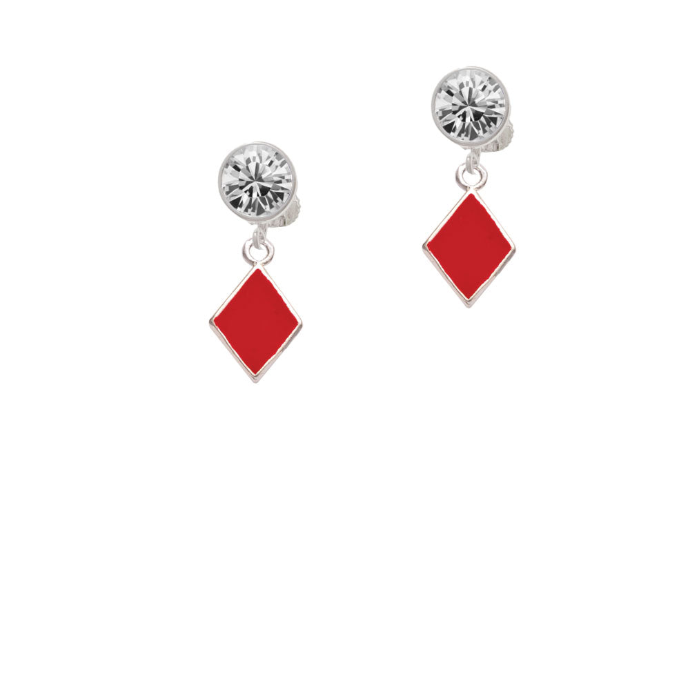 Card Suit - Red Diamond Crystal Clip On Earrings Image 2