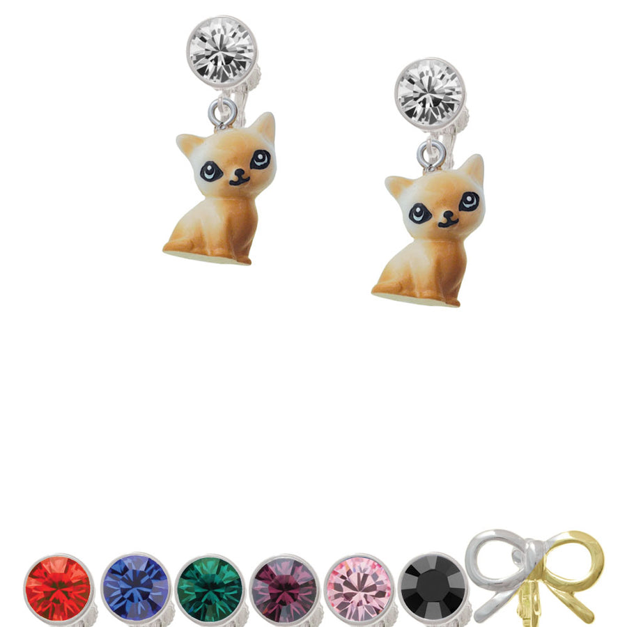 Resin Siamese Cat Crystal Clip On Earrings Image 1
