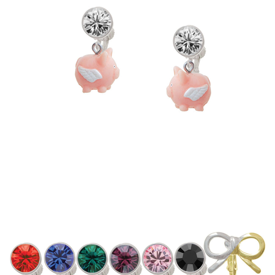 Resin Flying Pink Pig Crystal Clip On Earrings Image 1