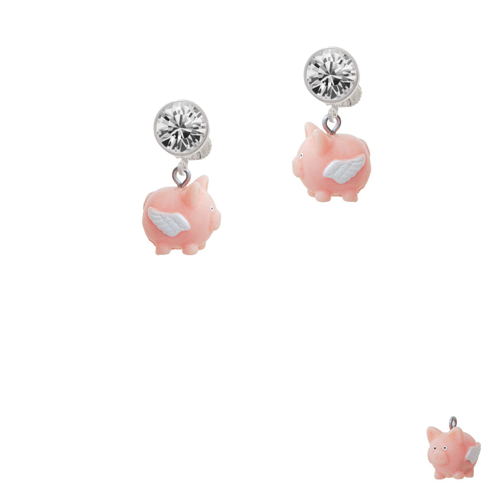 Resin Flying Pink Pig Crystal Clip On Earrings Image 2