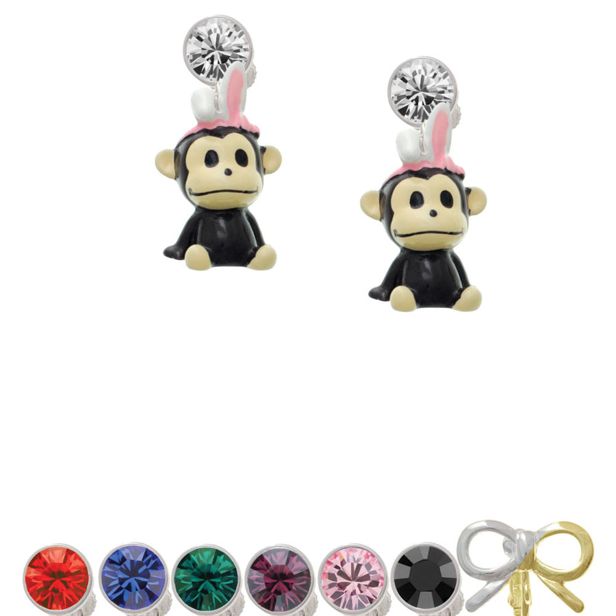 Resin Monkey with Bunny Ears Crystal Clip On Earrings Image 1