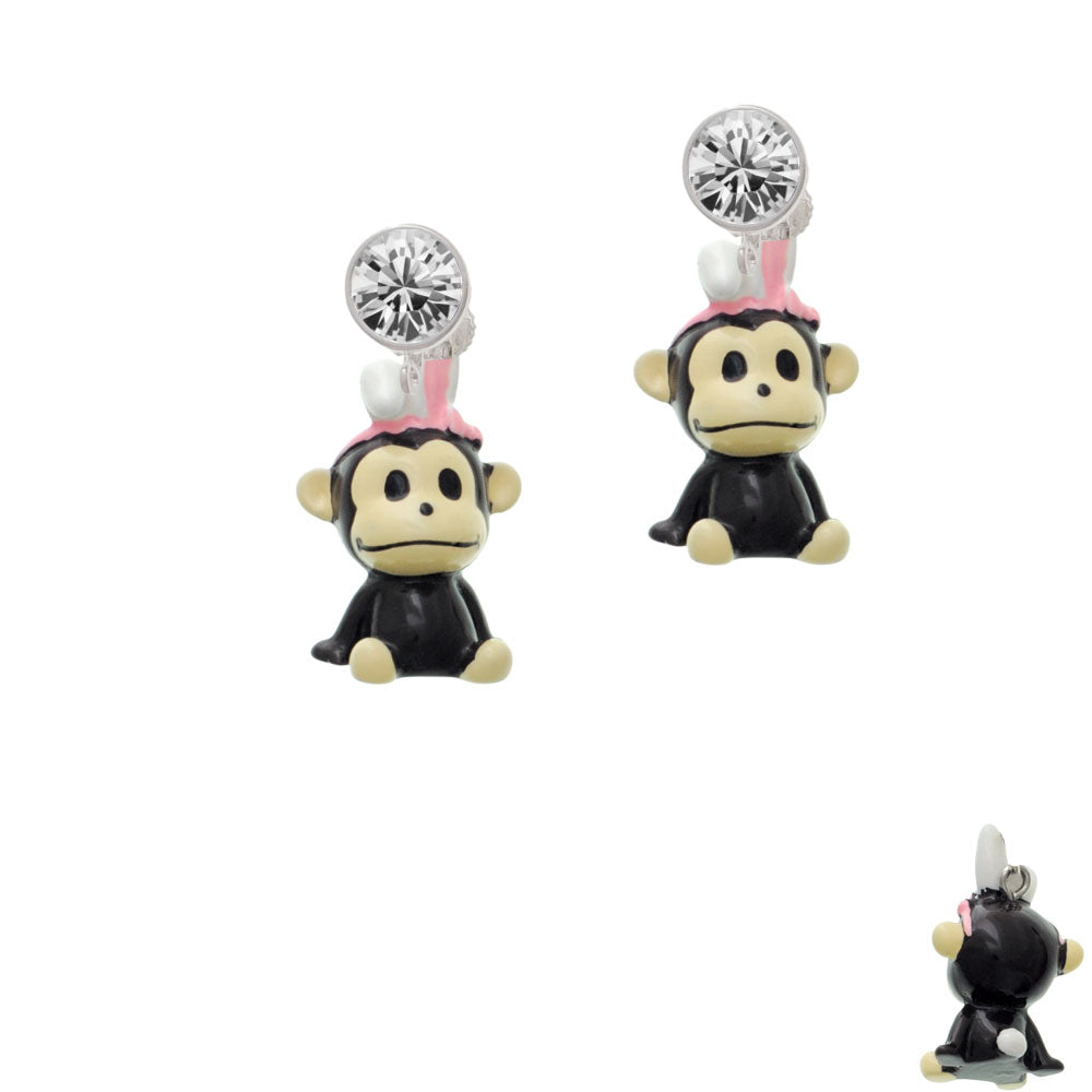 Resin Monkey with Bunny Ears Crystal Clip On Earrings Image 2