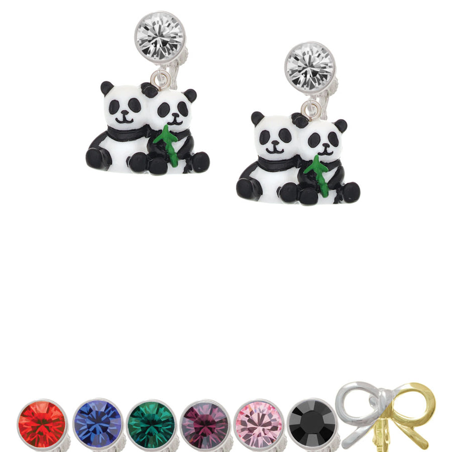 Resin Panda Bear Best Friends Crystal Clip On Earrings Image 1