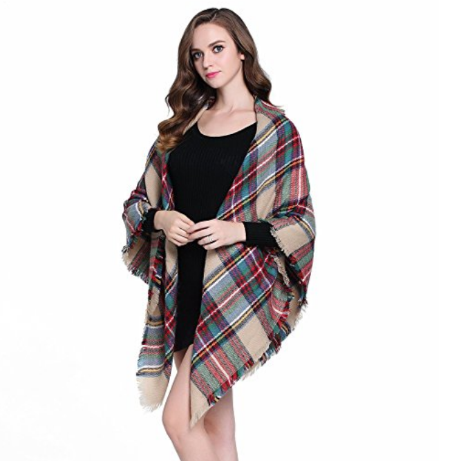 Buttons and Pleats Women Plaid Blanket Shawl Scarf for Fashion Wear and Winter Image 4