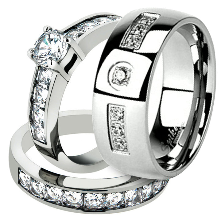 His and Her Stainless Steel 3.25 Ct Cz Bridal Ring Set and Men Zirconia Wedding Band Image 1