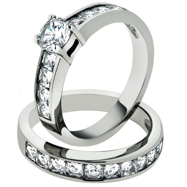 His and Her Stainless Steel 3.25 Ct Cz Bridal Ring Set and Men Zirconia Wedding Band Image 2