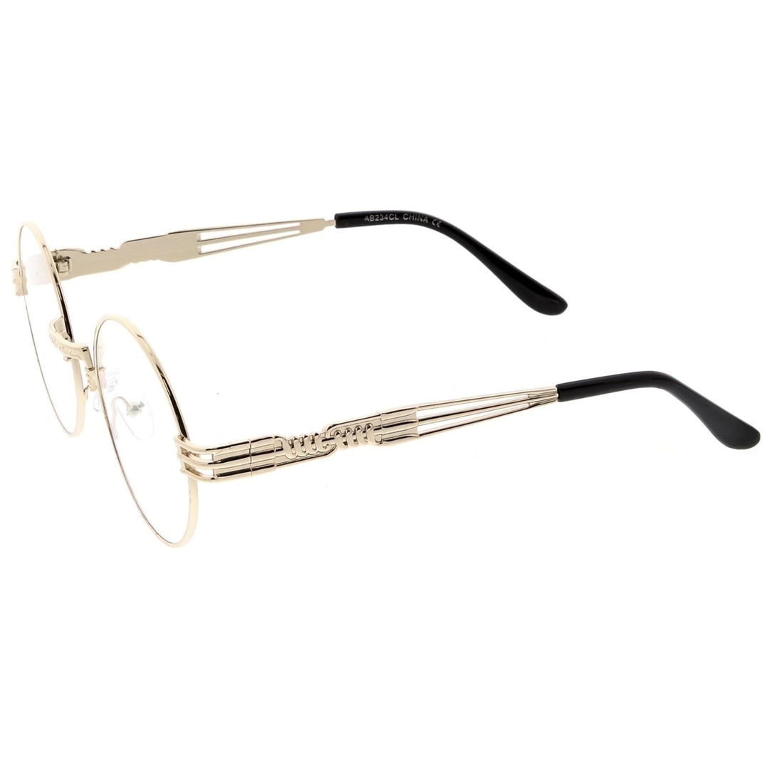 Classic Engraved Metal Round Eyeglasses With Arm Cutout Clear Flat Lens 53mm Image 3
