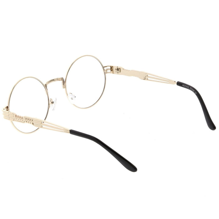 Classic Engraved Metal Round Eyeglasses With Arm Cutout Clear Flat Lens 53mm Image 4