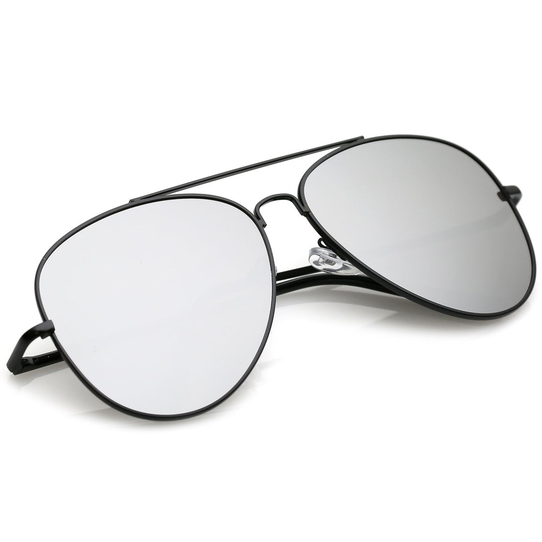 Classic Metal Aviator Sunglasses Slim Arms Straight Crossbar Mirrored Flat Lens 59mm Image 4