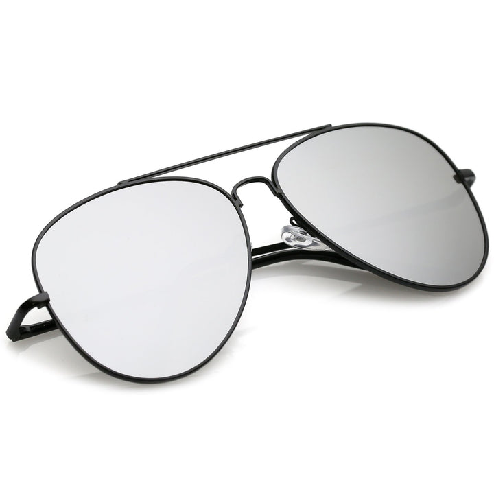 Classic Metal Aviator Sunglasses Slim Arms Straight Crossbar Mirrored Flat Lens 59mm Image 4