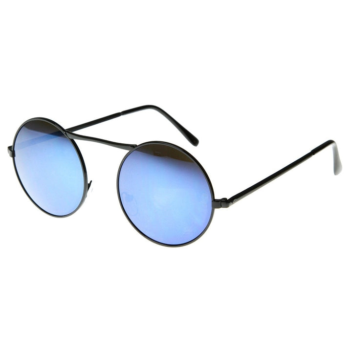 Classic Metal High Crossbar Blue Mirror Lens Round Circle Sunglasses Image 2