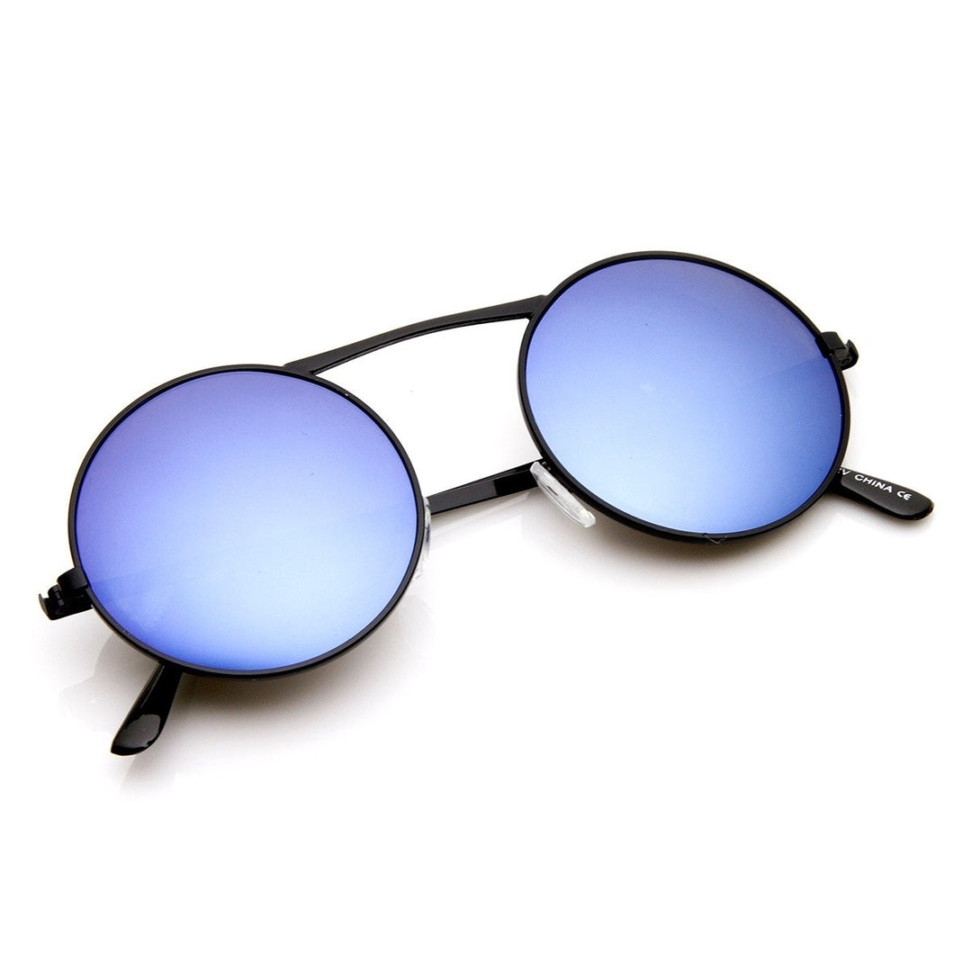 Classic Metal High Crossbar Blue Mirror Lens Round Circle Sunglasses Image 4