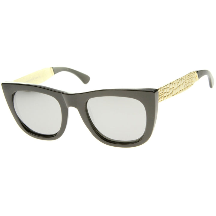 High Fashion Alligator Metal Temple Mirrored Lens Flat Top Sunglasses Image 2