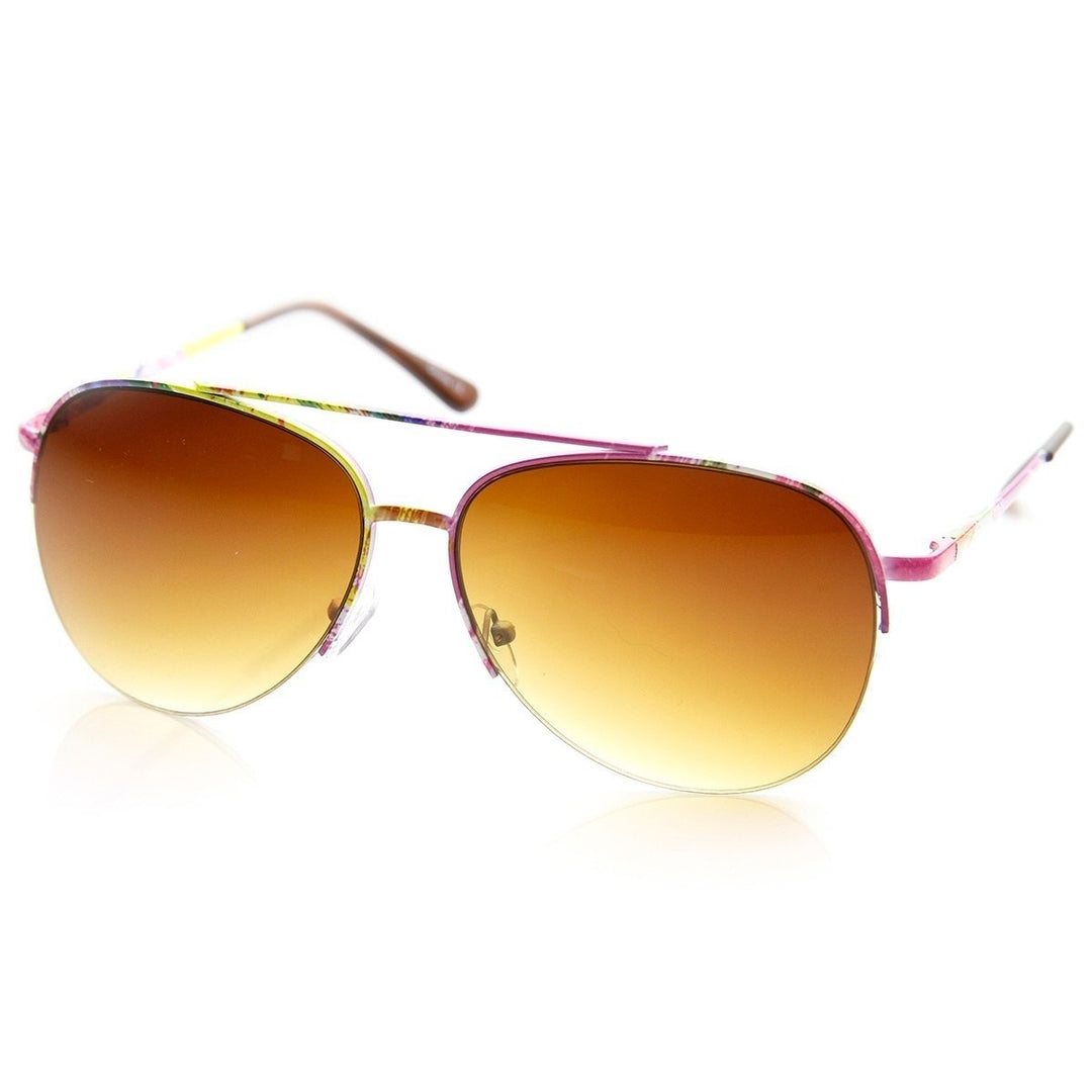 Large Colorful Floral Print Semi-Rimless Metal Aviator Sunglasses Image 2