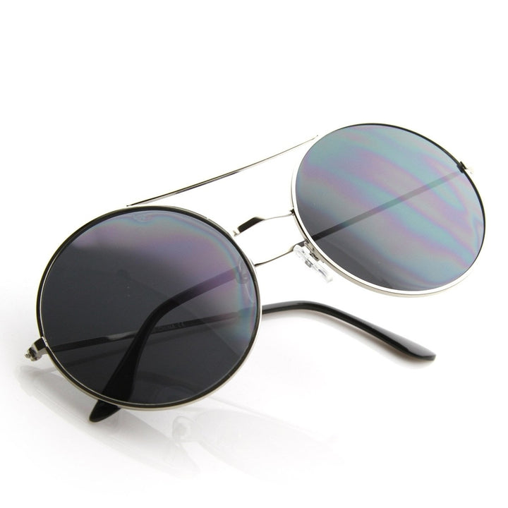Large Round Metal Circle Frame Sunglasses w/ Cross Bar Image 4