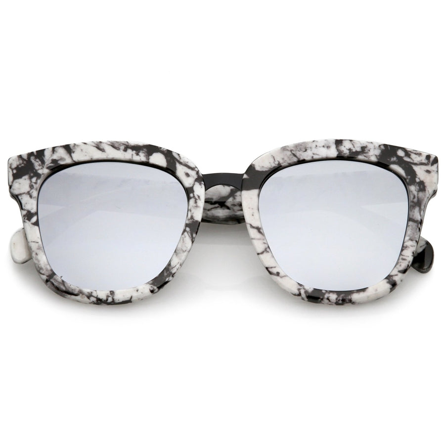Marble Printed Metal Nose Bridge Trim Wide Temples Mirrored Flat Lens Horn Rimmed Sunglasses 50mm Image 1