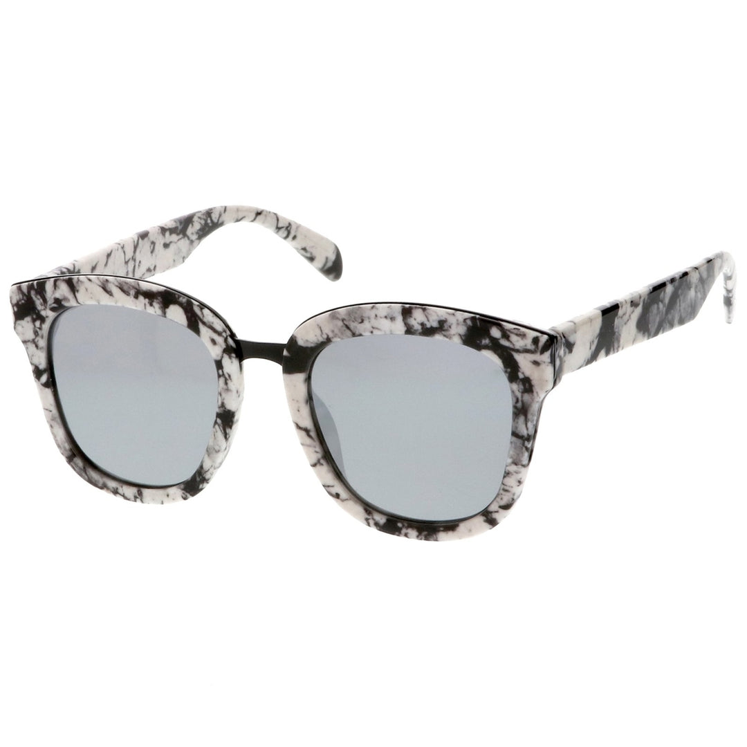 Marble Printed Metal Nose Bridge Trim Wide Temples Mirrored Flat Lens Horn Rimmed Sunglasses 50mm Image 2