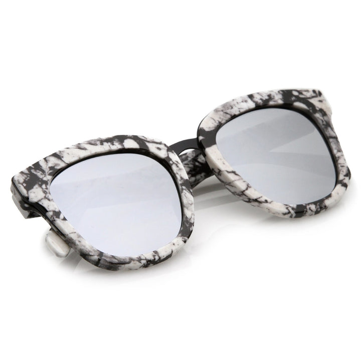 Marble Printed Metal Nose Bridge Trim Wide Temples Mirrored Flat Lens Horn Rimmed Sunglasses 50mm Image 4