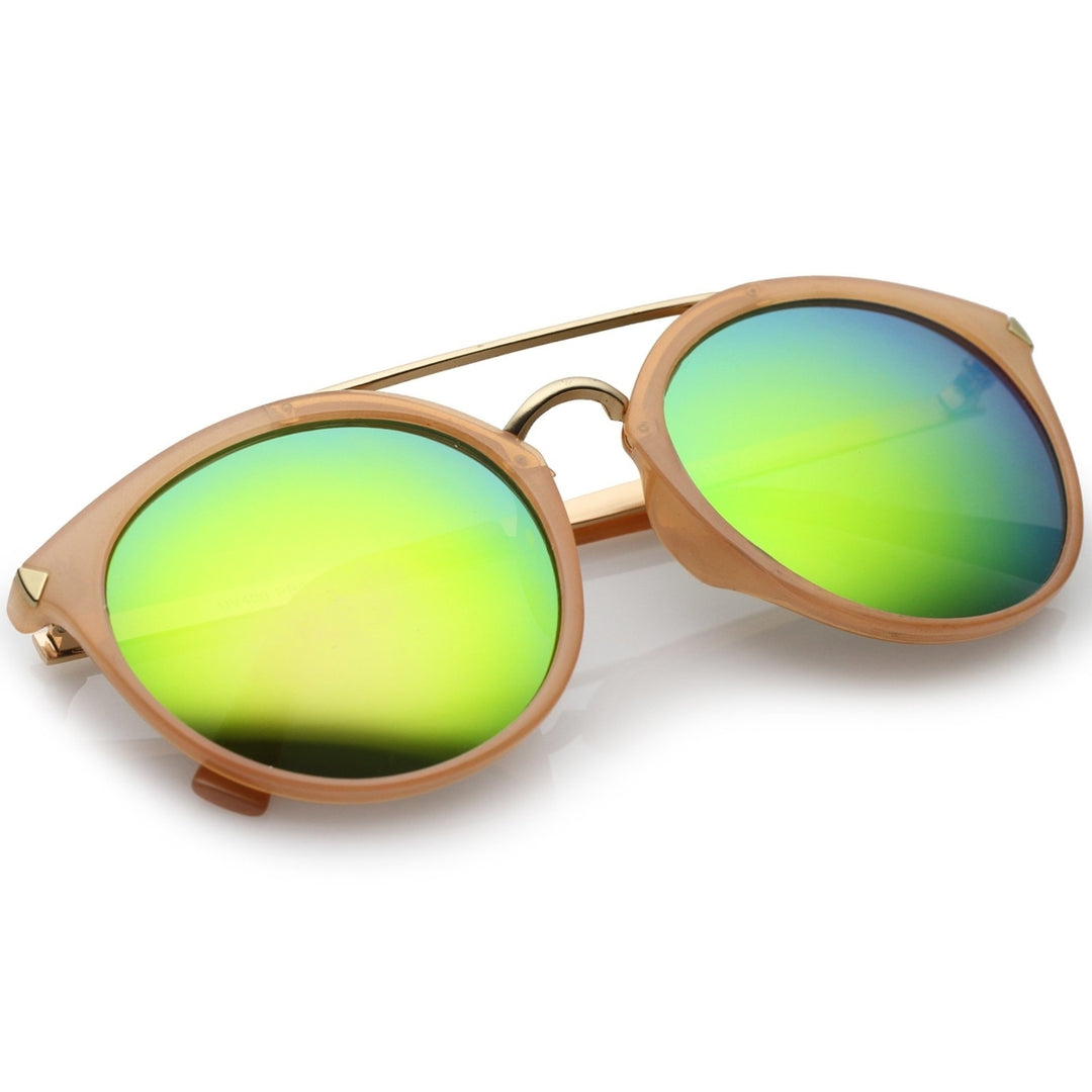 Modern Double Bridge Colored Mirror Lens Round Aviator Sunglasses 57mm Image 4