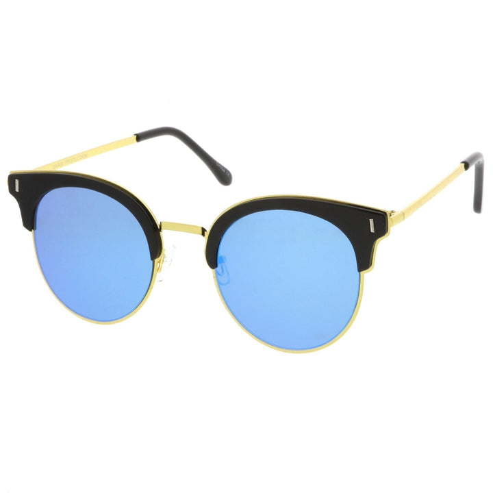 Modern Half Frame Round Colored Mirror Flat Lens Horn Rimmed Sunglasses 49mm Image 2