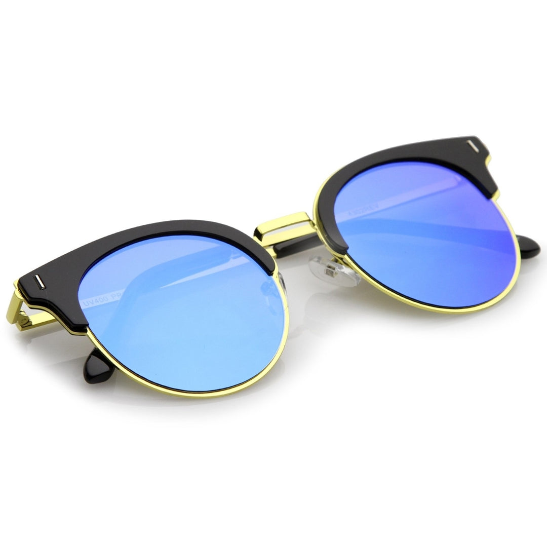 Modern Half Frame Round Colored Mirror Flat Lens Horn Rimmed Sunglasses 49mm Image 4