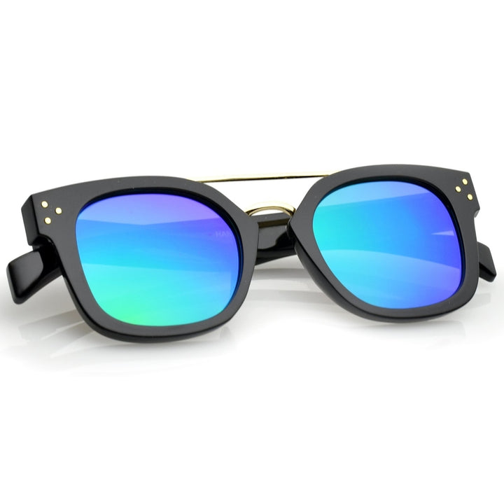 Modern Horn Rim Metal Crossbar Square Flat Mirrored Lens Aviator Sunglasses 48mm Image 4