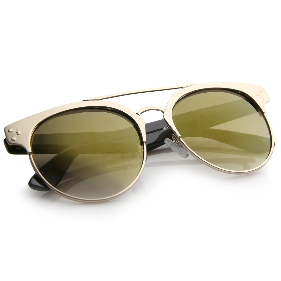 Modern Horn Rimmed Brow Bar Colored Mirror Round Aviator Sunglasses 54mm Image 4