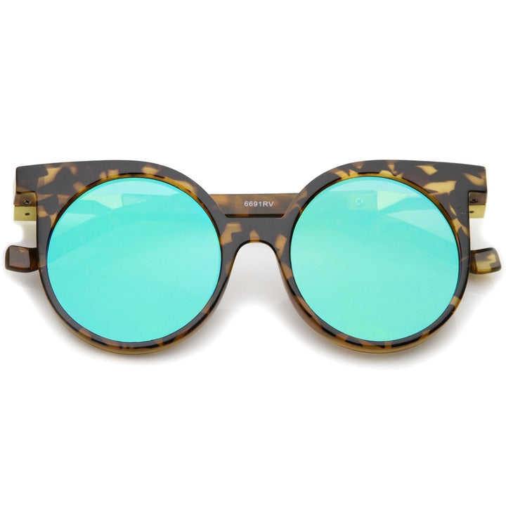 Modern Horn Rimmed Color Mirrored Flat Lens Round Sunglasses 50mm Image 1