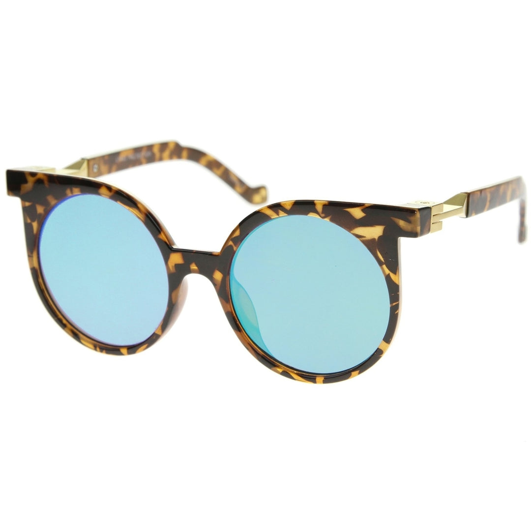 Modern Horn Rimmed Color Mirrored Flat Lens Round Sunglasses 50mm Image 2