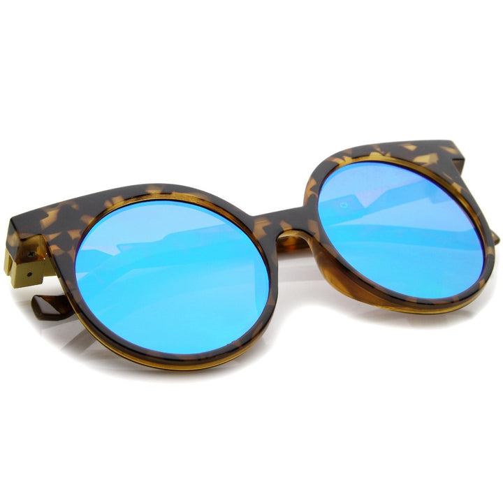 Modern Horn Rimmed Color Mirrored Flat Lens Round Sunglasses 50mm Image 4