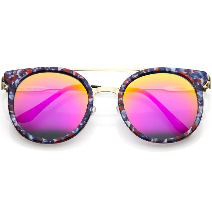Modern Horn Rimmed Sunglasses Sleek Double Nose Bridge Round Color Mirrored Lens 51mm Image 1