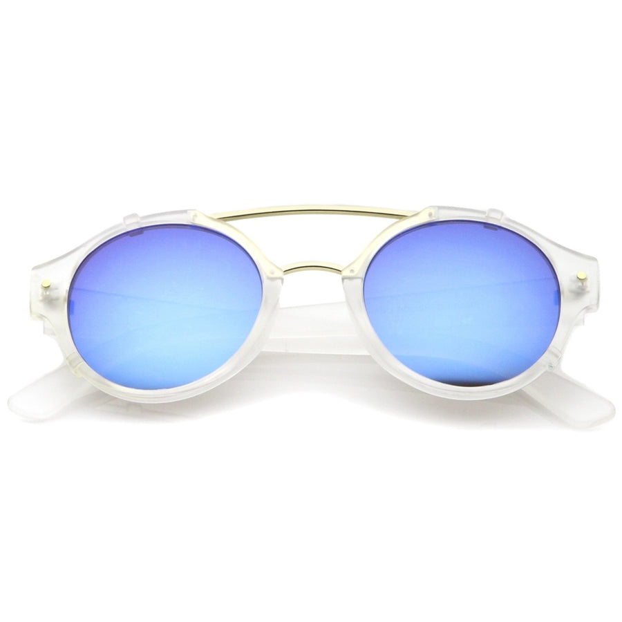 Modern Matte Finish Double Crossbar Mirrored Lens P3 Round Sunglasses 49mm Image 1