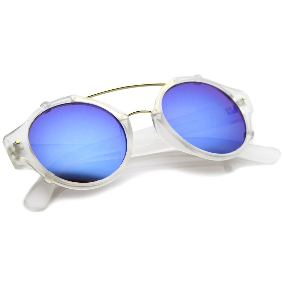 Modern Matte Finish Double Crossbar Mirrored Lens P3 Round Sunglasses 49mm Image 4