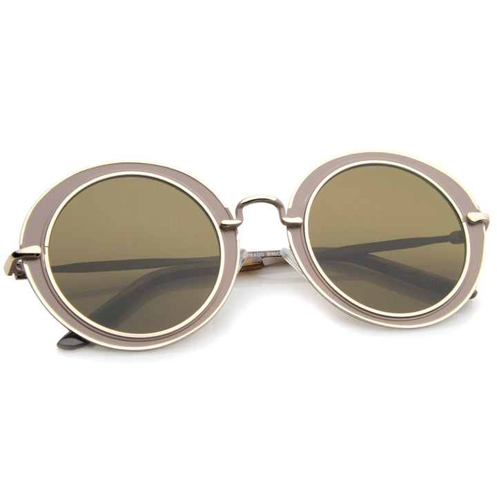 Modern Metal Frame Matte Border Colored Mirror Flat Lens Round Sunglasses 48mm Image 4