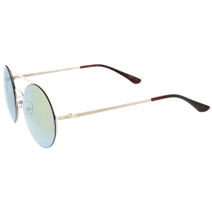 Modern Slim Frame Double Nose Bridge Colored Mirror Flat Lens Round Sunglasses 53mm Image 3