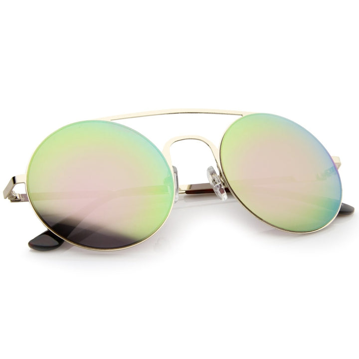 Modern Slim Frame Double Nose Bridge Colored Mirror Flat Lens Round Sunglasses 53mm Image 4