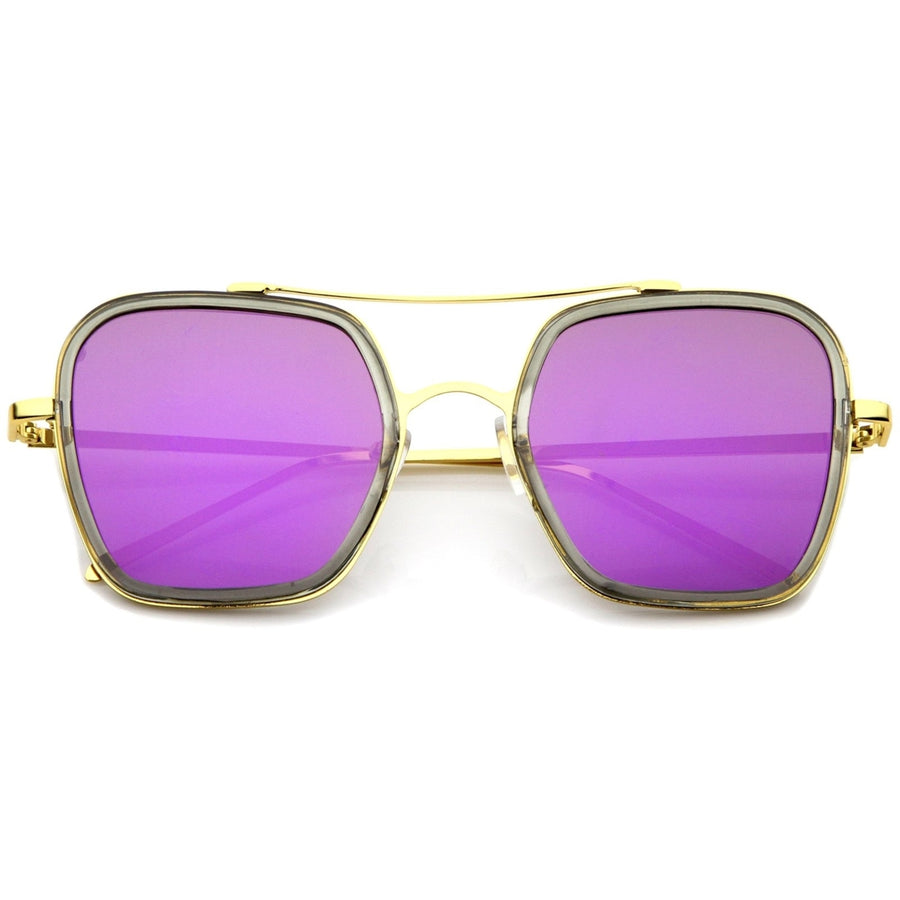 Modern Slim Temple Browbar Color Mirrored Flat Lens Square Sunglasses 52mm Image 1