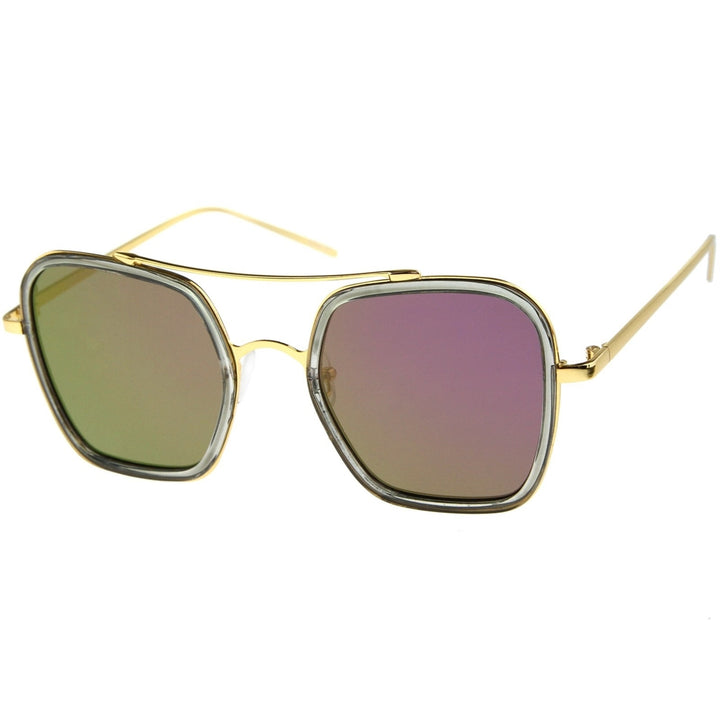 Modern Slim Temple Browbar Color Mirrored Flat Lens Square Sunglasses 52mm Image 2