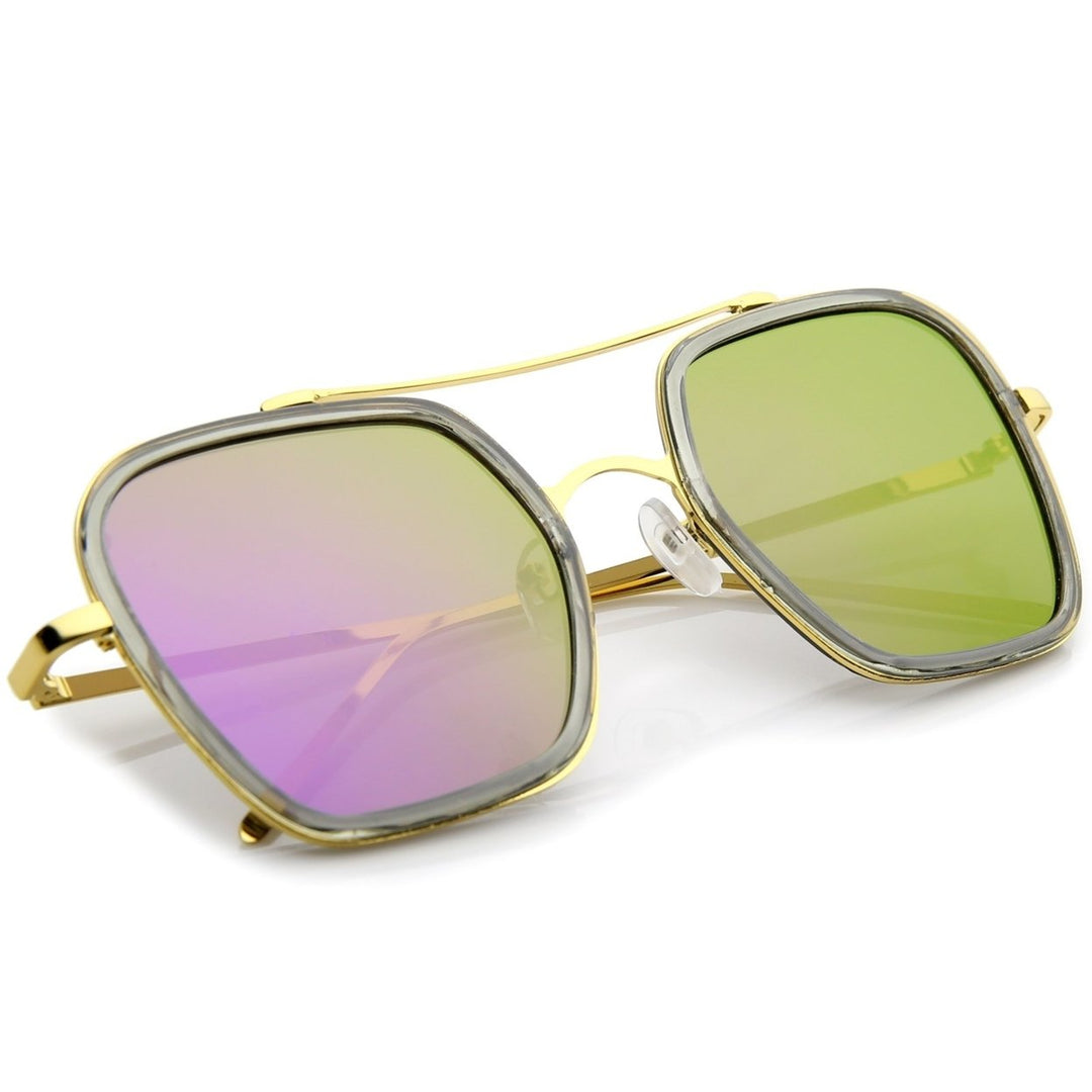 Modern Slim Temple Browbar Color Mirrored Flat Lens Square Sunglasses 52mm Image 4