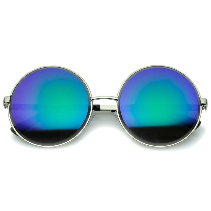 Oversize Metal Frame Etched Edge Colored Mirror Lens Round Sunglasses 60mm Image 1