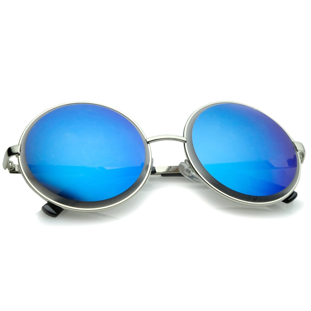 Oversize Metal Frame Etched Edge Colored Mirror Lens Round Sunglasses 60mm Image 4