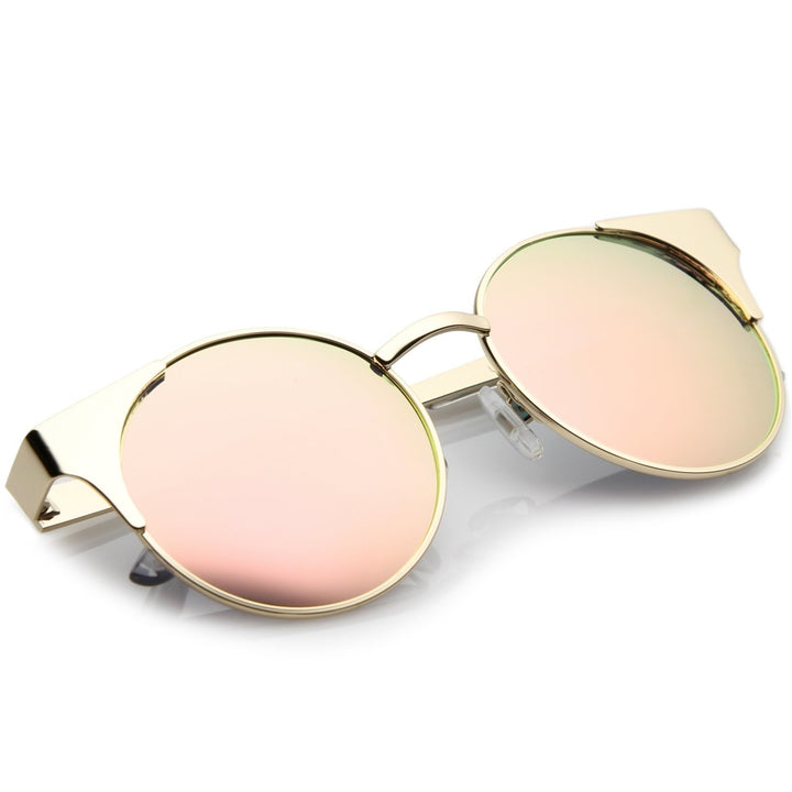 Premium Metal Cat Eye Sunglasses With Round Colored Mirror Flat Lens 51mm Image 4