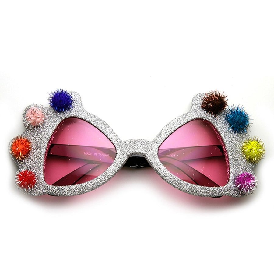 Princess Crown Glitter Pom Pom Jeweled Novelty Party Sunglasses Image 1