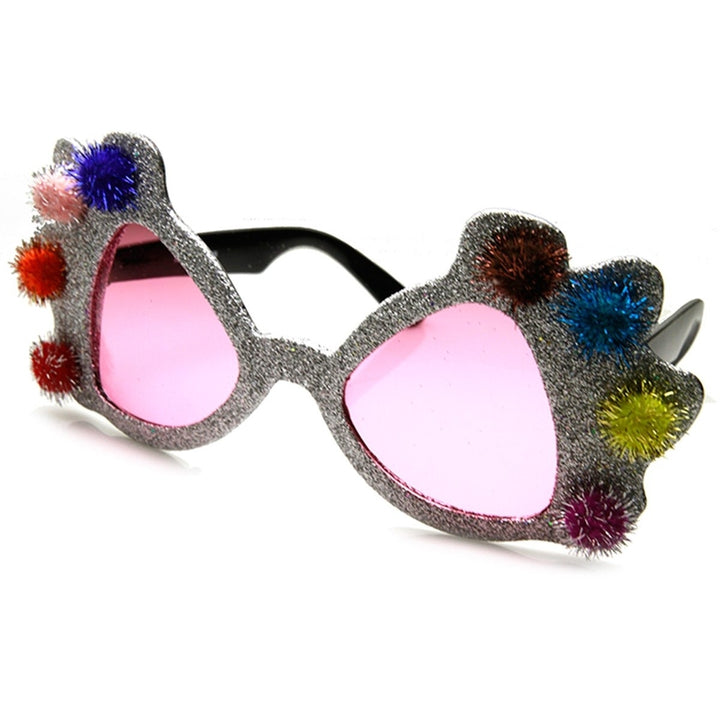 Princess Crown Glitter Pom Pom Jeweled Novelty Party Sunglasses Image 2