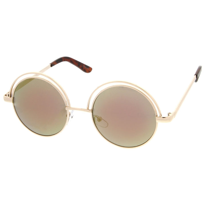 Retro Open Metal Colored Mirror Flat Lens Round Sunglasses 48mm Image 2